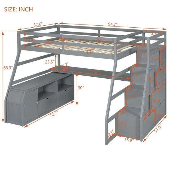 English Elm Full Size Kids Loft Bed with Integrated Desk Seven Drawers and Open Shelving Gray LT000649AAE