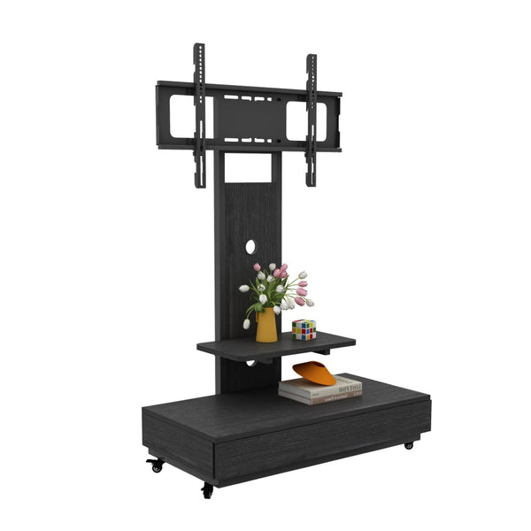 English Elm Tv Rolling Cart with Swivel Mount Lockable Wheels Pull Out Drawer Iron Frame Black W241P246878