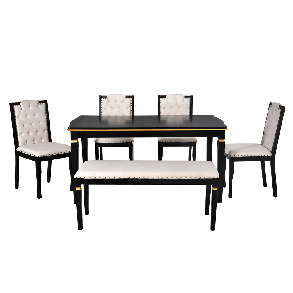 English Elm 6-Piece Kitchen Dining Set with 60" Rectangular Table, Tufted High-Back Chairs & Bench, Durable Wood Black N752S001080B