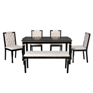 English Elm 6-Piece Kitchen Dining Set with 60" Rectangular Table, Tufted High-Back Chairs & Bench, Durable Wood Black N752S001080B