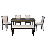 English Elm 6-Piece Kitchen Dining Table Set, 60" Rectangular Table and 4 High-Back Tufted Chairs & 1 Bench For Dining Room and Kitchen (Black)