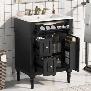 English Elm 24 Inch Freestanding Vanity with Ceramic Sink Rubberwood Frame Matte Finish Storage Black N725P356058B