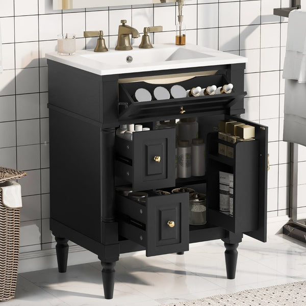 English Elm 24 Inch Freestanding Vanity with Ceramic Sink Rubberwood Frame Matte Finish Storage Black N725P356058B