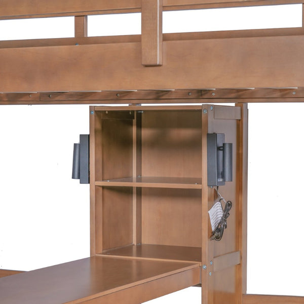 English Elm Twin Triple Bunk Bed with Built in Desk Open Shelving and Led Task Lighting Natural N7090002243N