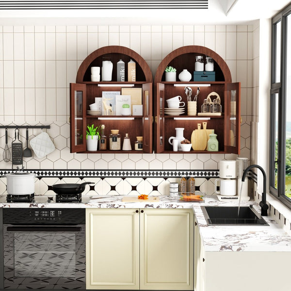 English Elm Wall Mounted Arched Cabinet Tempered Glass Doors Led Lighting Adjustable Shelves Bathroom Brown T3210P471553