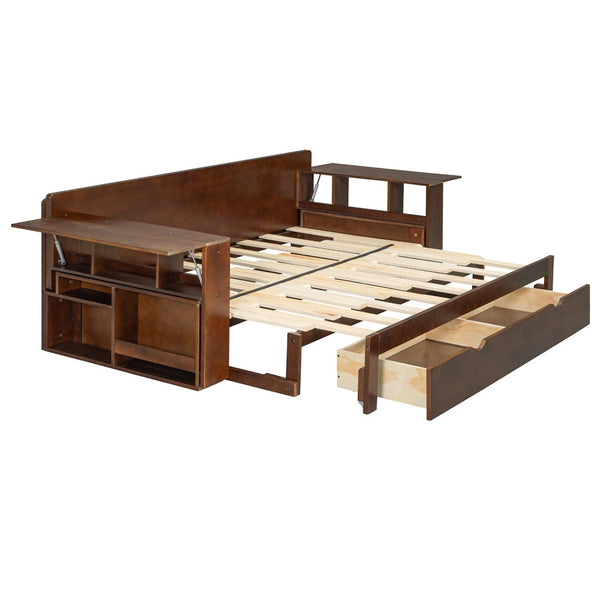 English Elm Queen Daybed with Hydraulic Desk Storage Drawers and Convertible Sofa for Small Spaces Espresso LT000272AAP