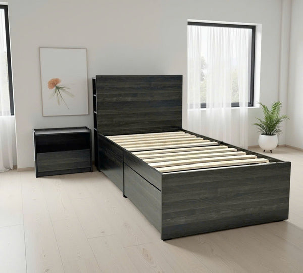 English Elm Robin Twin Storage Bed with Nightstand in Dark Gray — 4 Deep Drawers, Slatted Platform, Adjustable Headboard Shelving, Durable Build B040S00133