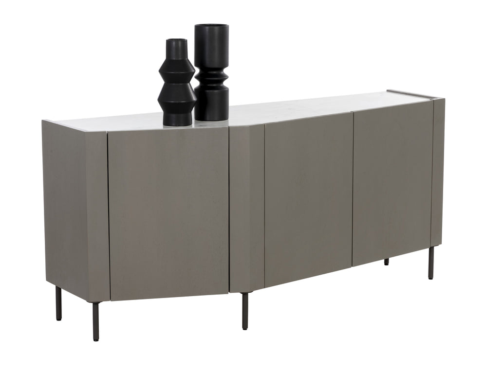 Sunpan Simmons Modern Angular Sideboard with Grey Mango Wood Frame and Unique White Marble Top Design