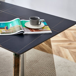 English Elm 63"x31.5x30" Marble Slab Rectangular Dining Table with Sculptural Butterfly Stainless Legs Black,Silver W1151S04576