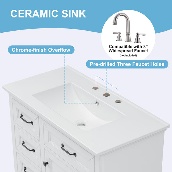English Elm 36-Inch Modern Bathroom Vanity with Ceramic Basin, 4 Drawers & Soft-Close Door, Pre-Drilled Faucet Ready, Durable MDF and Solid Wood Construction (36"L x 18.3"W x 33.4"H) White N725P296118K