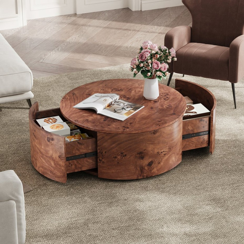 English Elm Burl Veneer Round Coffee Table Swivel Top Two Drawers Walnut Living Room N735P387206D