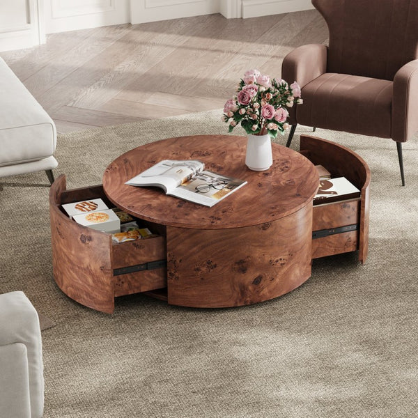 English Elm Burl Veneer Round Coffee Table Swivel Top Two Drawers Walnut Living Room N735P387206D