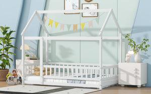 English Elm Twin Size House Floor Bed With Roof Frame & Safety Guardrails - Cozy Wooden Design For Kids' Rooms W504P286403-GIGA