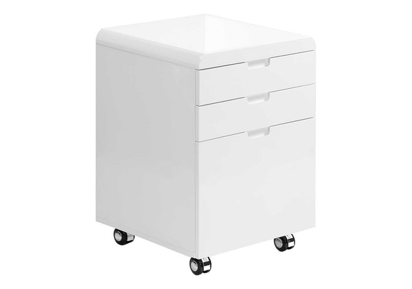 English Elm File Cabinet Glossy White Mobile 3-Drawer on Wheels – Modern MDF Printer Stand with Lockable Drawers and Smooth Glides for Office Organization B2710P221277