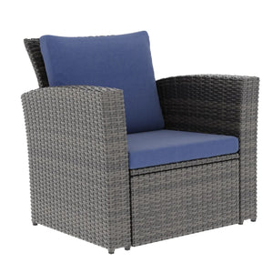 English Elm 4-piece Outdoor Wicker Conversation Set with Tempered Glass Table and Resort Style Blue+Brown B082S00057