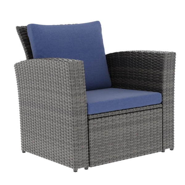 English Elm 4-piece Outdoor Wicker Conversation Set with Tempered Glass Table and Resort Style Blue+Brown B082S00057
