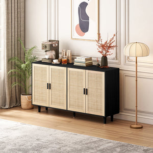 English Elm 62.20"Elegant 4-Door Rattan Storage Cabinet with Solid Wood Legs, Black, Spacious Shelves & Easy Assembly W757P174987
