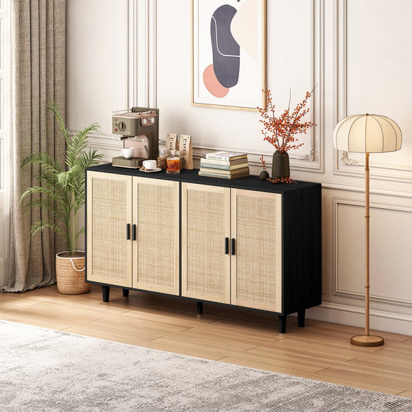 English Elm 62.20"Elegant 4-Door Rattan Storage Cabinet with Solid Wood Legs, Black, Spacious Shelves & Easy Assembly W757P174987