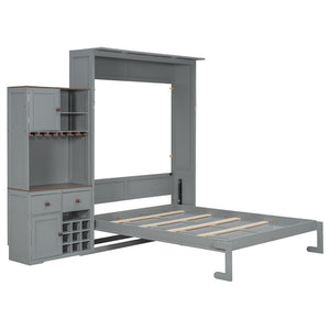 English Elm Queen Murphy Bed with Wine Rack Glass Holder Led Lighting and Cabinet White Gray LP000391AAE