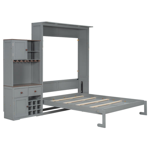 English Elm Queen Murphy Bed with Wine Rack Glass Holder Led Lighting and Cabinet White Gray LP000391AAE