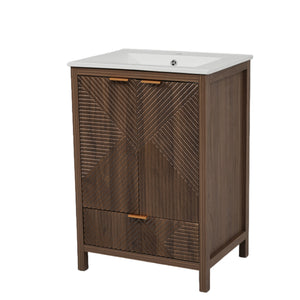 English Elm Christopher Knight Home® - 24 24-Inch Bathroom Vanity with Ceramic Sink, Textured Panels, Soft-Close Drawer & Large Storage Brown N817P339017B