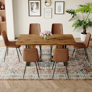 English Elm Table and Chair Set Wood Grain Mdf Top Six Seat Dining with Brown Suede Upholstered Chairs W1151S01954