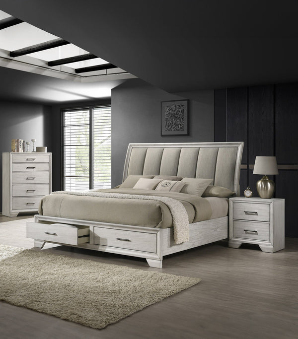 English Elm 1pc Five-Drawer Chest in White Mist Finish with Metal Knobs & Handles, Spacious Bedroom Storage Solution Antique White 39 L x 20.5 W x 54 H B011P228950