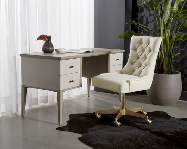 Sunpan Pattinson Desk – Classic White Ceruse Oak with Oyster Shagreen Drawers & Antique Brass Handles