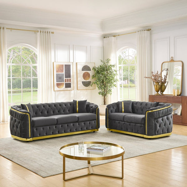 English Elm 2 Piece Velvet Chesterfield Sofa Set with Gold Steel Trim Button Tufted Living Room Couch Gray W1191S00100