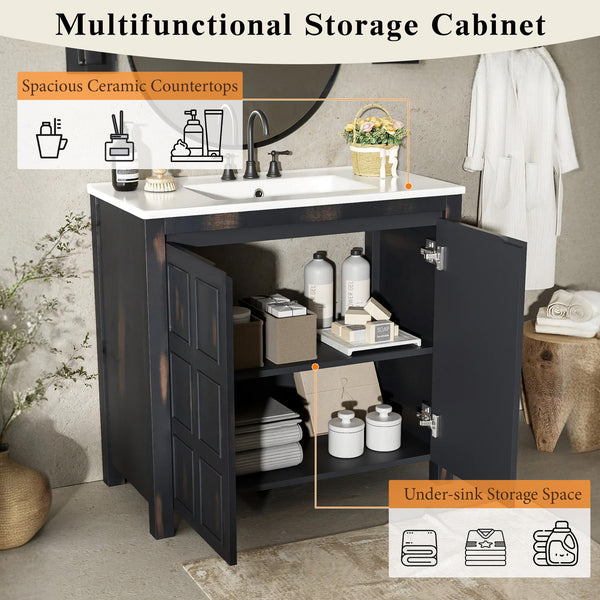 English Elm 36" Bathroom Vanity Organizer with Ceramic Sink, Solid Wood Distressed Finish, Hand-Painted Charm and Ample Storage Espresso N729P255666P