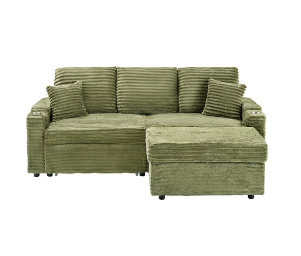 English Elm 80" Corduroy Multi-Function Sofa with Hidden Recliner, Space-Saving Design, Armrests, Cup Holders, Removable Footstool Green W3356S00019