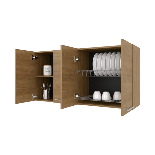 English Elm Natural Oak Rectangular Wall Cabinet with 4 Doors & 2 Open Shelves, Melamine Finish, 47" Wide B062P291617