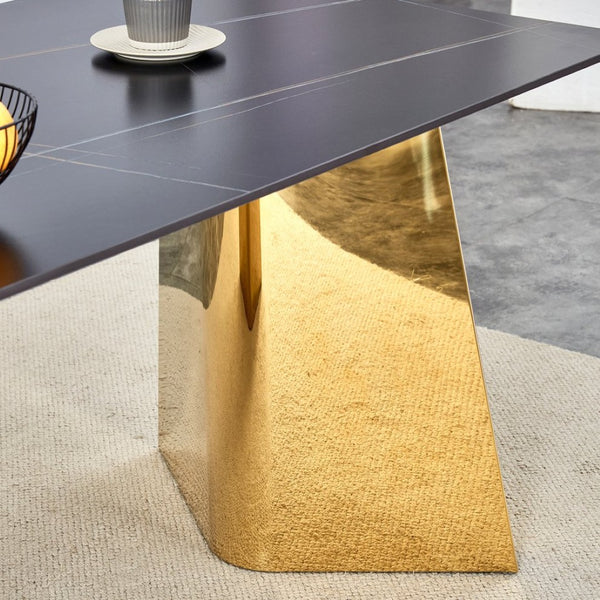 English Elm 63"x31.5x30" Marble Slab Rectangular Dining Table with Sculptural Butterfly Stainless Legs Black,Gold W1151S04617