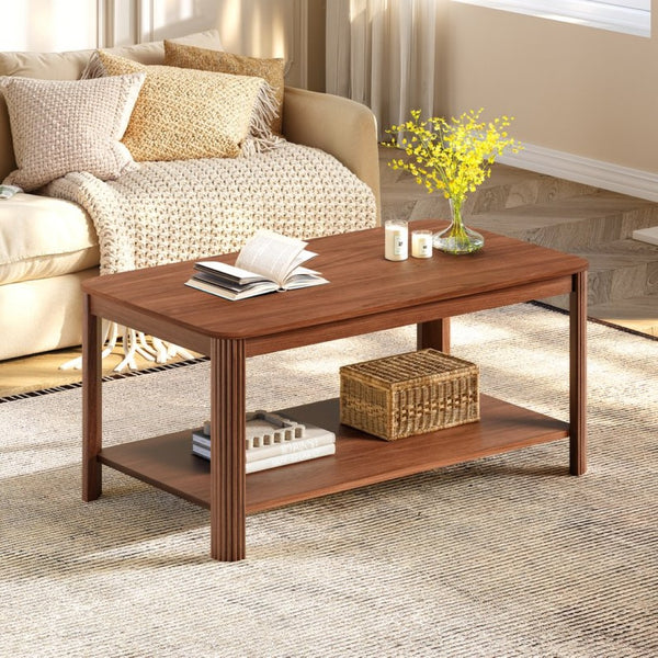 English Elm Arc Corner Oak Coffee Table with Open Shelf Wave Grain Legs Modern Living Room Accent W5563P449954