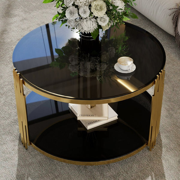 English Elm Modern Round Coffee Table Black Tempered Glass Top Gold Drum Base Living Room Glam N735P177478B