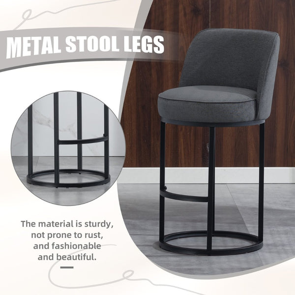 English Elm Counter Height Barstools Set of 2 Linen Upholstered Barrel Seat with Iron Legs Gray W395P410436