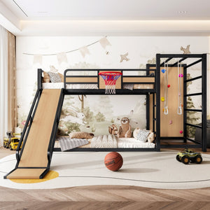 English Elm Twin Metal Loft Bed with Slide Basketball Hoop Climbing Wall and Built-in Shelves W1580S00631