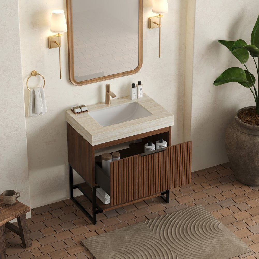 English Elm Yolan 30 Inch Freestanding Bathroom Vanity Plywood Cabinet Sintered Stone Top Oak Finish Beige,Black,Dark Walnut W2615S00667