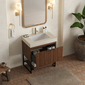 English Elm Yolan 30 Inch Freestanding Bathroom Vanity Plywood Cabinet Sintered Stone Top Oak Finish W2615S00653
