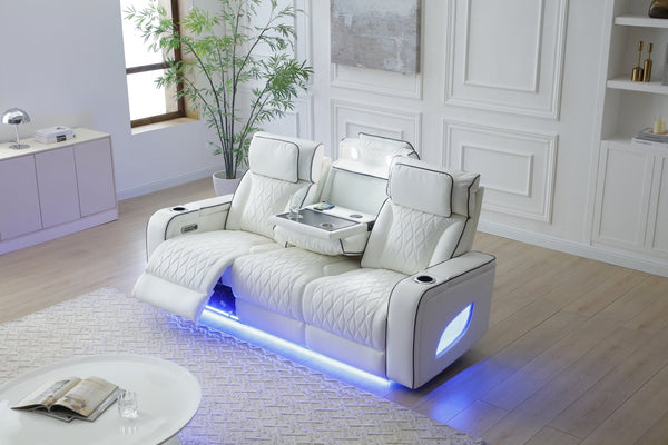 English Elm Lumin Power Reclining Home Theater Sofa with Led Lighting and Wireless Charging Pad White B078P497931
