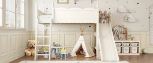 English Elm Twin Loft Bed Solid Pine Frame with Wardrobe Shelving Detachable Slide Kids Room Beige W5305S00018