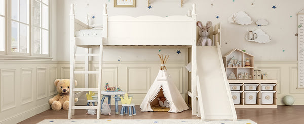 English Elm Twin Loft Bed Solid Pine Frame with Wardrobe Shelving Detachable Slide Kids Room Beige W5305S00018