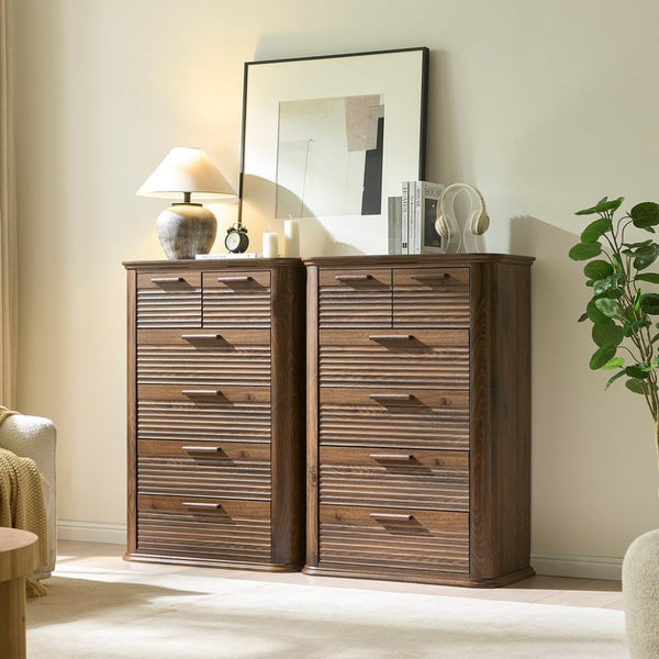 English Elm 6 Drawer Tall Fluted Chest with Waveform Fronts Slim Wooden Storage for Modern Bedroom T5326P425101