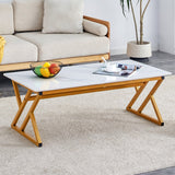 English Elm A Coffee Table Made Of Rock Slab Material, With A Smooth and Natural Surface That Complements The Modern Design Of The Golden Metal Legs, Making It Suitable For Living Rooms Of All Sizes.47*23.6