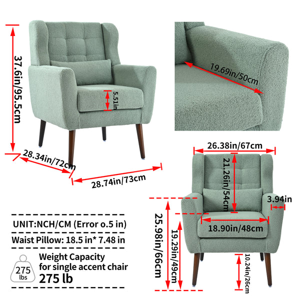 English Elm Modern Accent Chair Upholstered Armchair with Chenille Fabric, Ergonomic Padded Seat, Wood Legs for Living Room Seating Comfort and Stylish Mid Century Flair Light Green W1028P236473