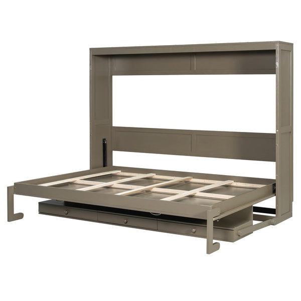 English Elm Queen Murphy Bed Cabinet with Vanity Desk Hydraulic Lift Mirror Distressed Finish Gray LP000766AAE-1