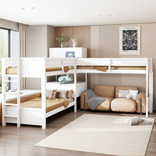 English Elm Twin L-shaped Bunk Bed Pine Wood Corner Design with Desk Drawers and Usb Charging White N820S00079K