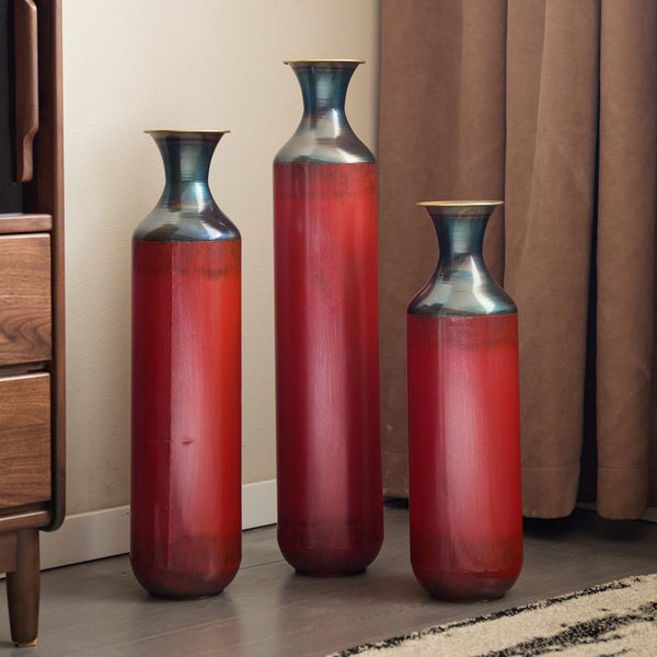 English Elm Floor Red Metal Vase Set 3-Piece Droplet Sculptures — Modern Glazed Tall Decorative Vases for Home W2796P371277