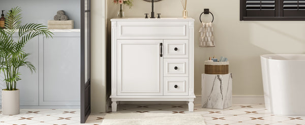 English Elm 30" French-Inspired Bathroom Vanity With Ceramic Sink, 2 Soft-Close Drawers & Adjustable Shelf Storage N710P323323K