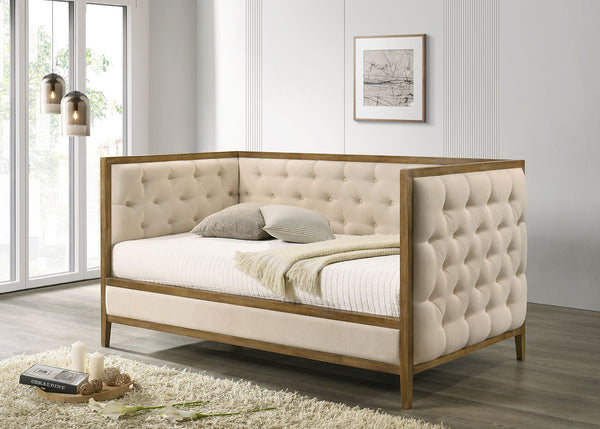 English Elm Transitional Twin Daybed with Diamond Tufted Back and Wood Trim, Versatile Seating & Sleeping Solution Natural,Oak 48 L x 46 W x 11 H B2741S00662